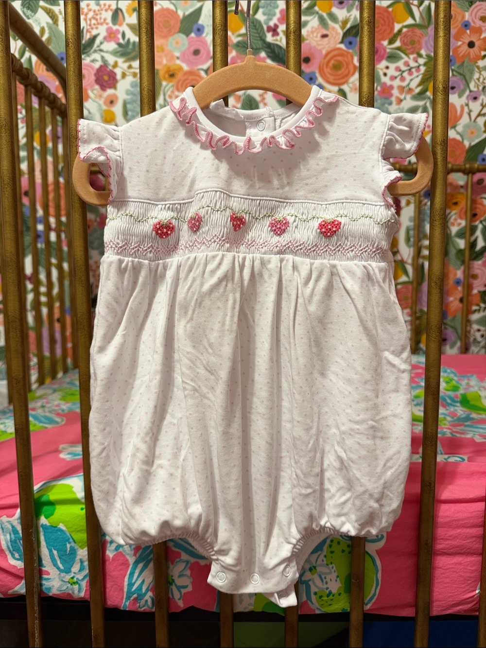 Pink-Trim White Smocked Strawberry Romper for Baby Girls
